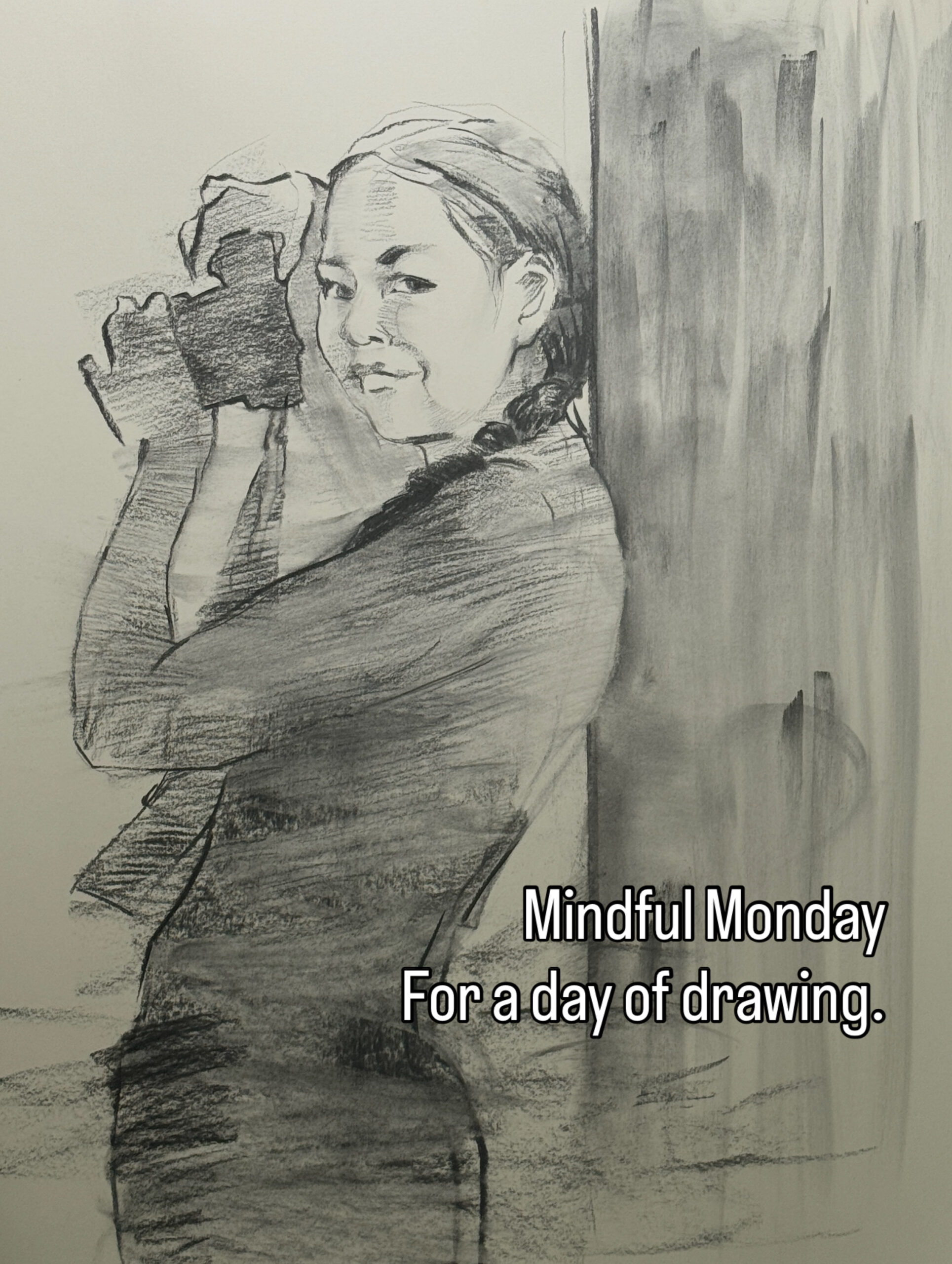 Charcoal drawing of girl holding a camera